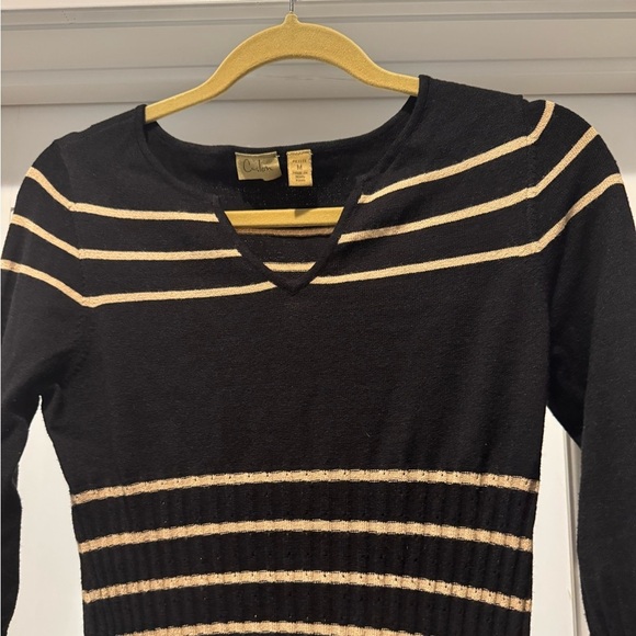 Caslon Striped Knit Sweater Black Cream | V-Neck Long Sleeve | MP - Picture 3 of 13